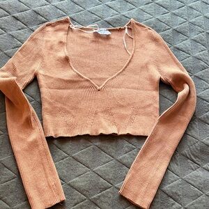 Double Zero Ribbed V-Neck Crop Top - Brown